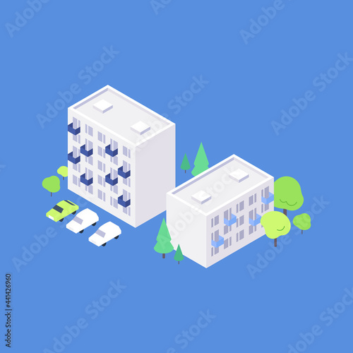 Isometric residential area flat illustration. Condo yard with trees and parking