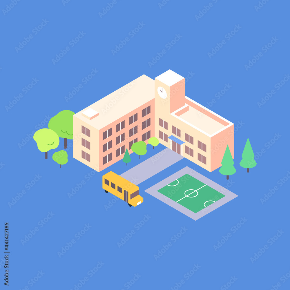 Isometric school building flat illustration. School yard with schoolbus stop trees and playground