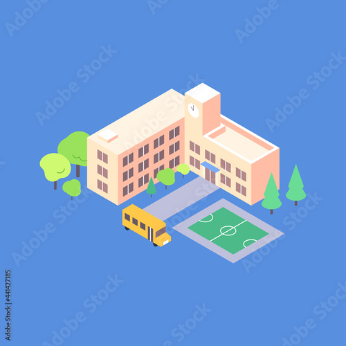 Isometric school building flat illustration. School yard with schoolbus stop trees and playground
