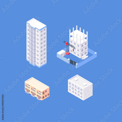 Set of isometric residential area objects. Organic flat city buildings collection. Apartment houses  high-rise condo  construction site