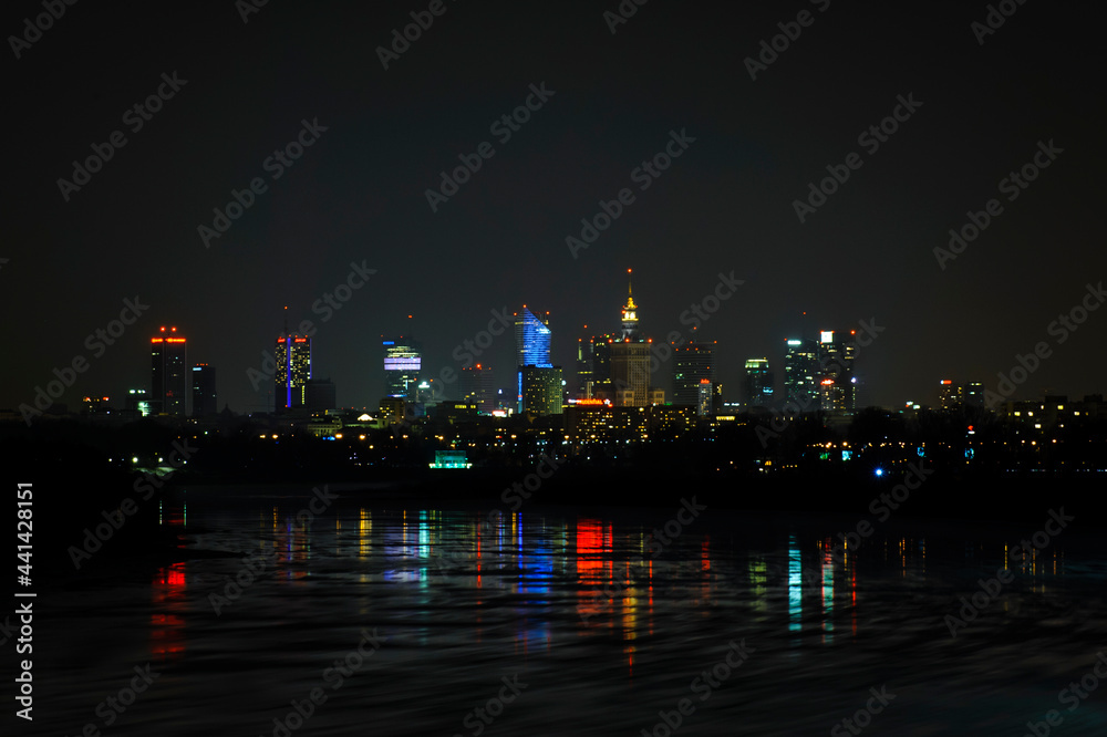 Warsaw seen from Siekierkowski bridge at night