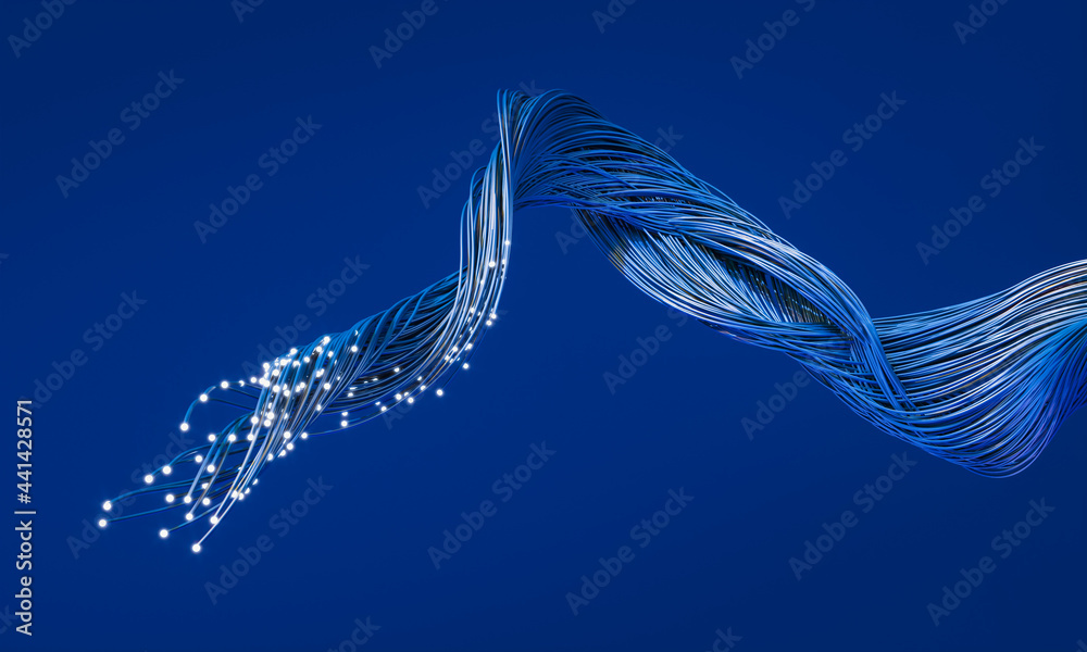 fiber optic cables with luminous terminations. - obrazy, fototapety, plakaty 