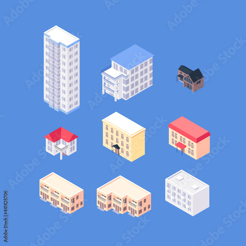 Set of isometric residential area objects. Organic flat residential buildings collection. High-rise, condo, apartment houses, cottages, townhouses