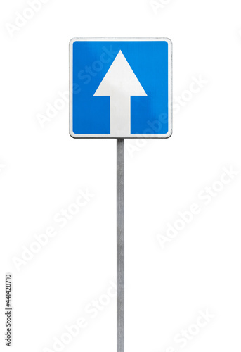 One way street, blue square road sign isolated