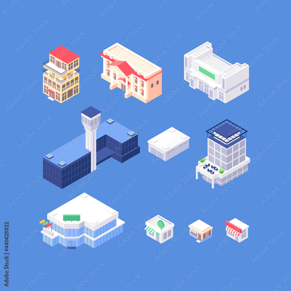 Set of isometric objects. Organic flat city buildings collection. Hotel, city hall, theatre, airport, office building, mall, shops, cafes Set of isometric objects. Organic flat city buildings collection. Hotel, city hall, theatre, airport, office building, mall, shops, cafes