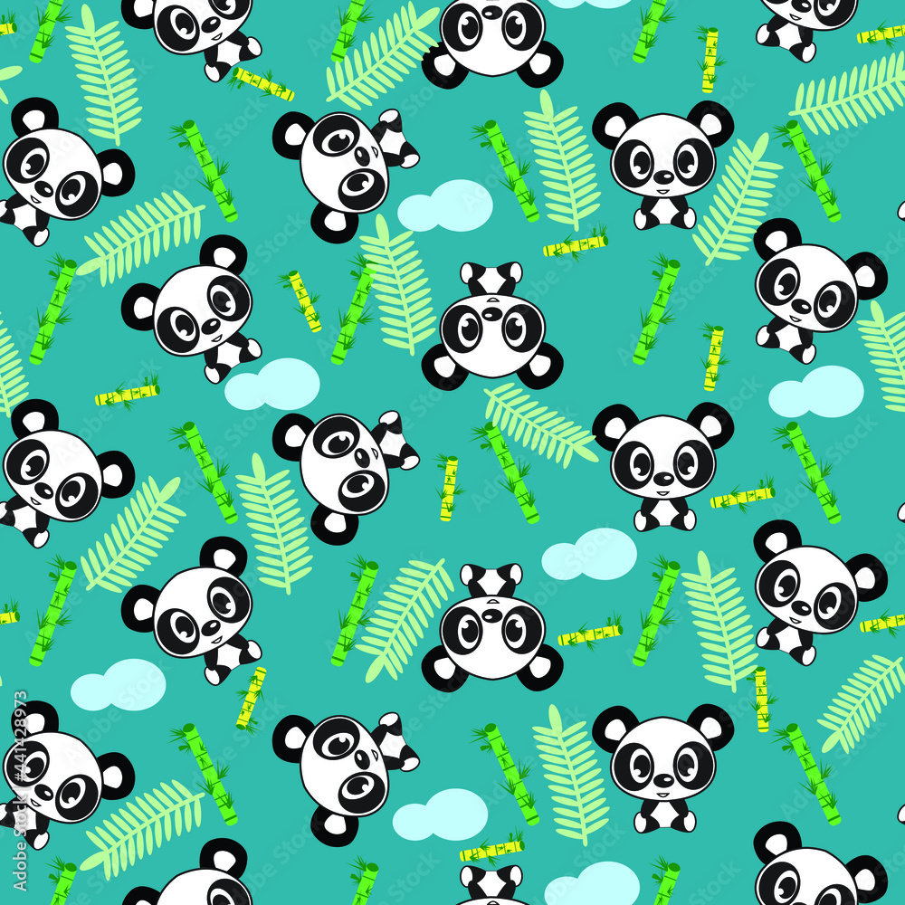 Obraz premium panda with leaves and clouds with blue background seamless repeat pattern