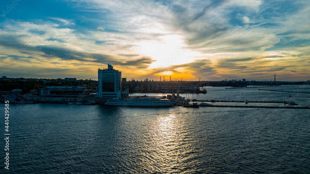 Aerial view of the seaport at sunset
