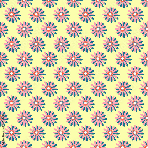 pink daisy flowers with shadow and yellow background seamless repeat pattern