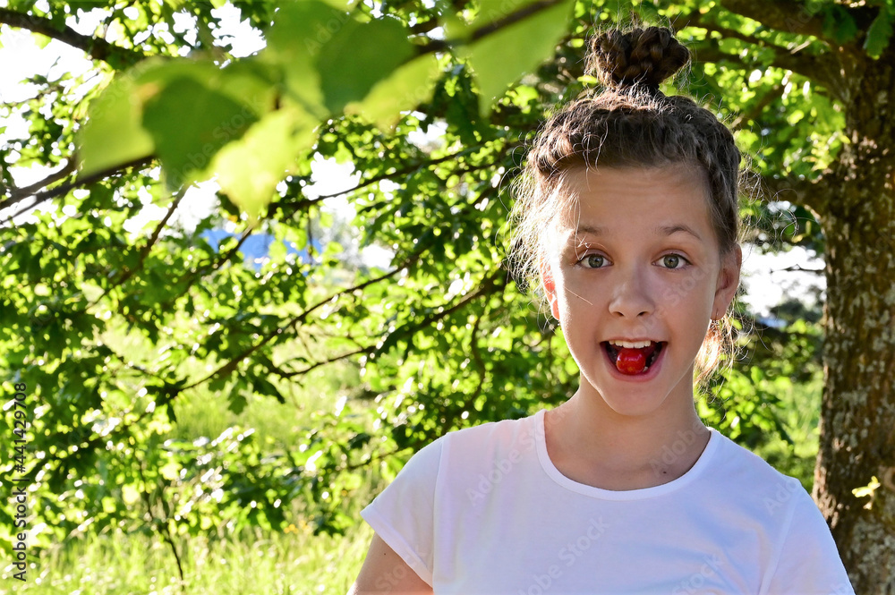 in summer garden cute cheerful girl in white T-shirt holds ripe cherry berry in her mouth. Delicious and healthy food. Close-up in summer garden cute cheerful girl in white T-shirt holds ripe cherry berry in her mouth. Delicious and healthy food. Close-up