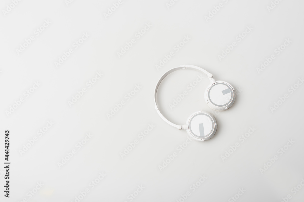top view of wireless and portable headphones isolated on white