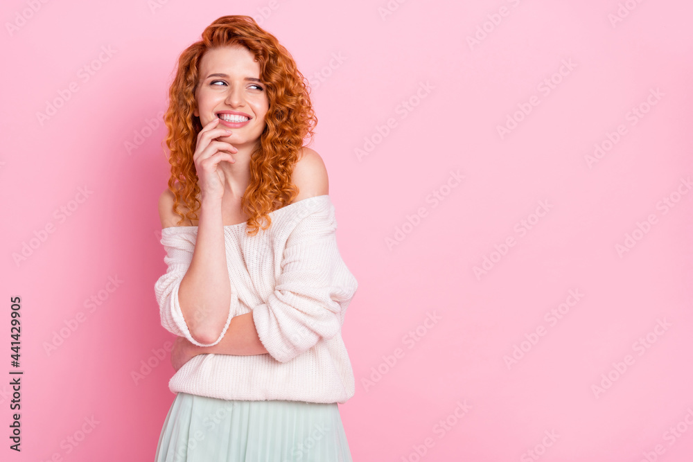Photo of young attractive girl happy positive smile curious interested look empty space isolated over pastel color background Photo of young attractive girl happy positive smile curious interested look empty space isolated over pastel color background