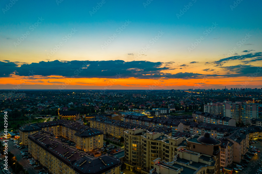Aerial view of the city at sunset