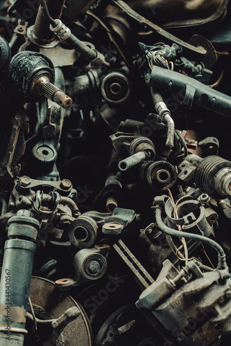 Car motor parts. Auto motor mechanic spare or automotive piece on dark backgr...