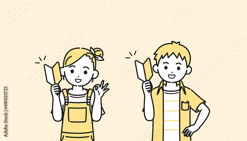 初心者マークを持つ男の子と女の子のイラスト　初めて　チャレンジ　挑戦　子供　小学生　低学年