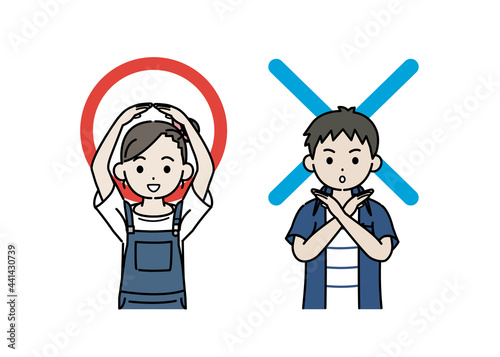正解と不正解のポーズをとる男の子と女の子のイラスト　〇×　正しい　間違え　子供　小学生　低学年