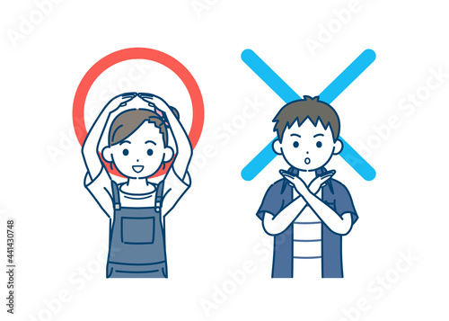 正解と不正解のポーズをとる男の子と女の子のイラスト　〇×　正しい　間違え　子供　小学生　低学年