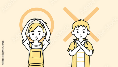 正解と不正解のポーズをとる男の子と女の子のイラスト　〇×　正しい　間違え　子供　小学生　低学年