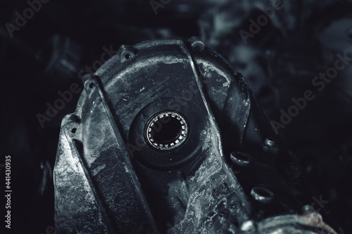 Car motor parts. Auto motor mechanic spare or automotive piece on dark backgr...