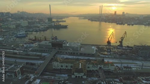 Drone view to a Railway station Golden horn Bay Cable bridge at sunrise photo