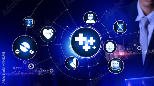 Medical Icon Concept Rotating wheel with icon surrounded by city Center and spoke Concept