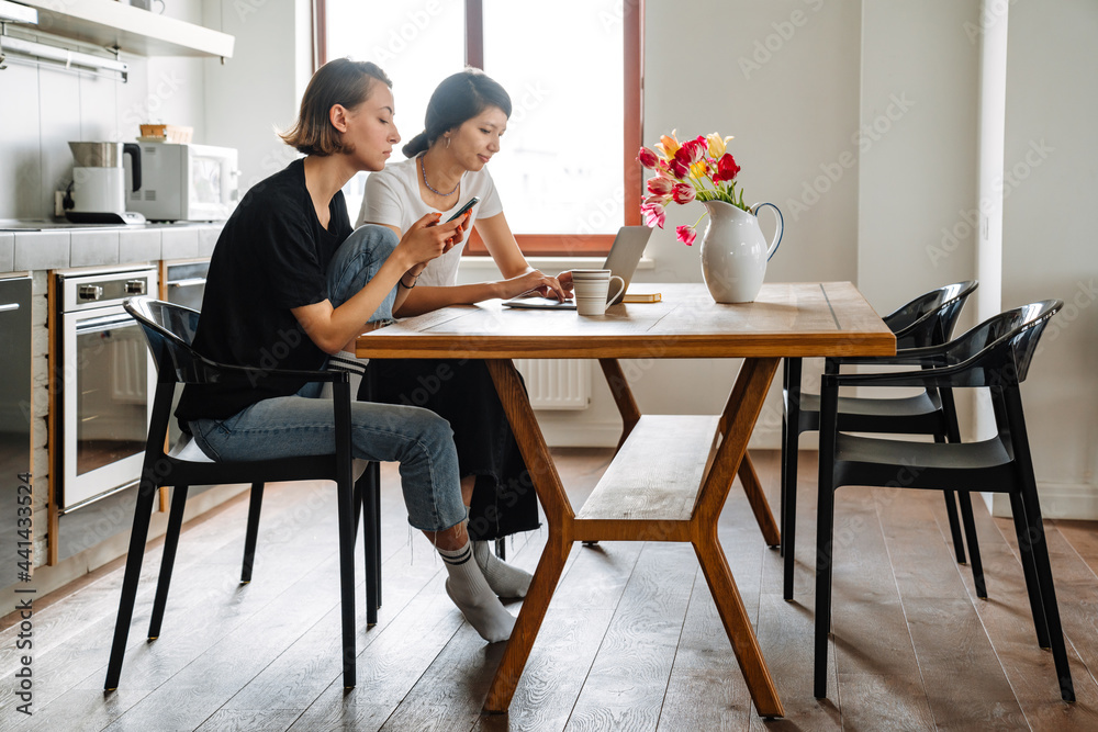 A side view of the concentrated lesbian couple looking at the laptop and at phone in the kitchen A side view of the concentrated lesbian couple looking at the laptop and at phone in the kitchen