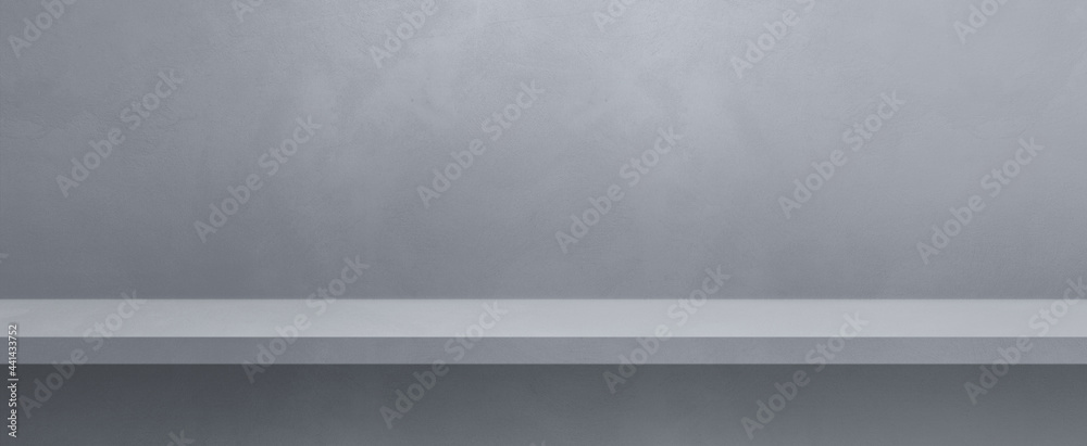 Empty shelf on a grey wall. Background template. Horizontal banner Empty shelf on a grey wall. Background template. Horizontal banner