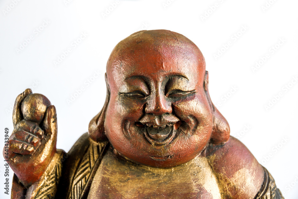 Tradional wooden statue of chinese Buddha on white background