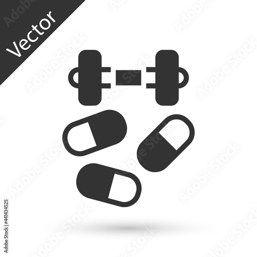 Grey Sports doping, anabolic drugs with dumbbell icon isolated on white background. Anabolic steroids tablet. Pills in jar. Vector