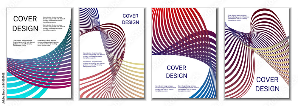 A set of 4 abstract covers. Wavy parallel gradient lines, ribbons evolve. Cover design, background. Trendy banner, poster. A set of 4 abstract covers. Wavy parallel gradient lines, ribbons evolve. Cover design, background. Trendy banner, poster.