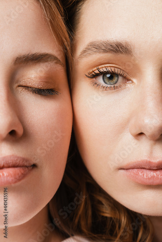 Young european two women posing and looking at camera