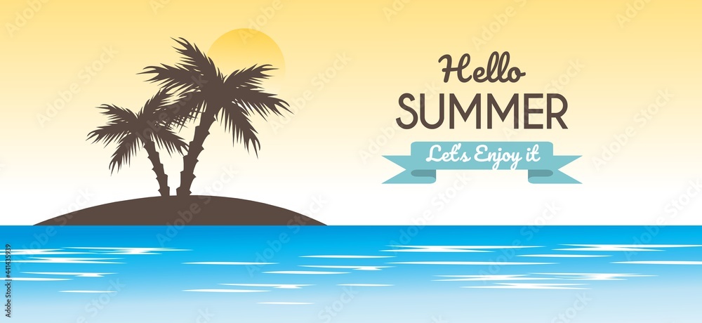 Beautiful summer on tropical beach with coconut trees, Vector Illustration.