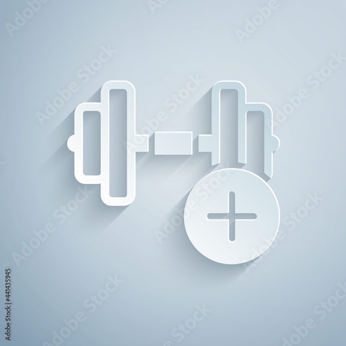Paper cut Dumbbell icon isolated on grey background. Muscle lifting, fitness barbell, sports equipment. Paper art style. Vector