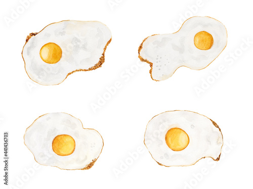 Fried egg close-up, scrambled eggs close-up. Fast food, breakfast, scrambled eggs. Watercolor illustration isolated on white background. Set.