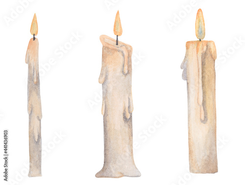 Wax candle with flame. Yellow fire. Watercolor illustration isolated on white background. Set.