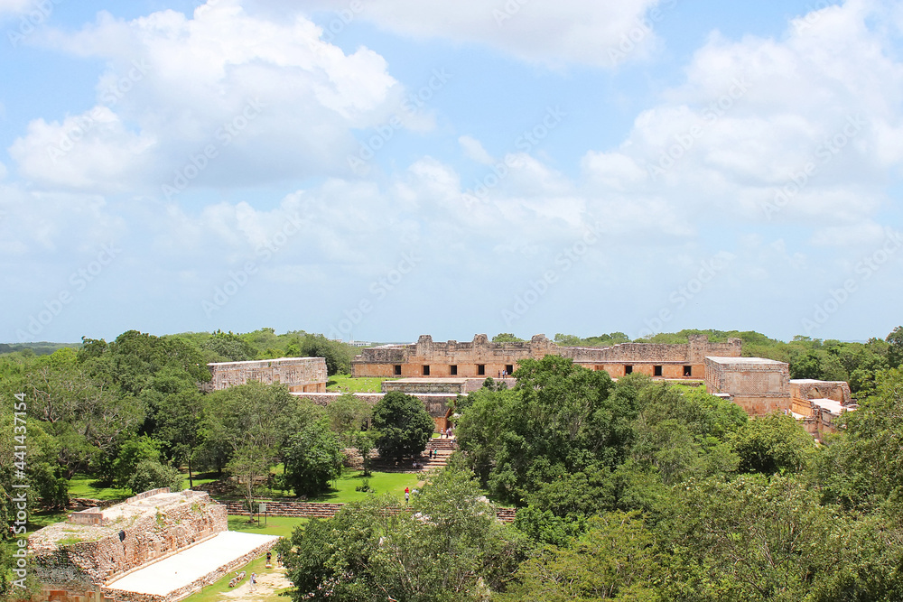 Uxmal, aerial view on Nunnery, view from the top of Great Pyramid situated on the territory of Uxmal archeological and historical site, representative of the Puuc architectural style, Yucatan, Mexico