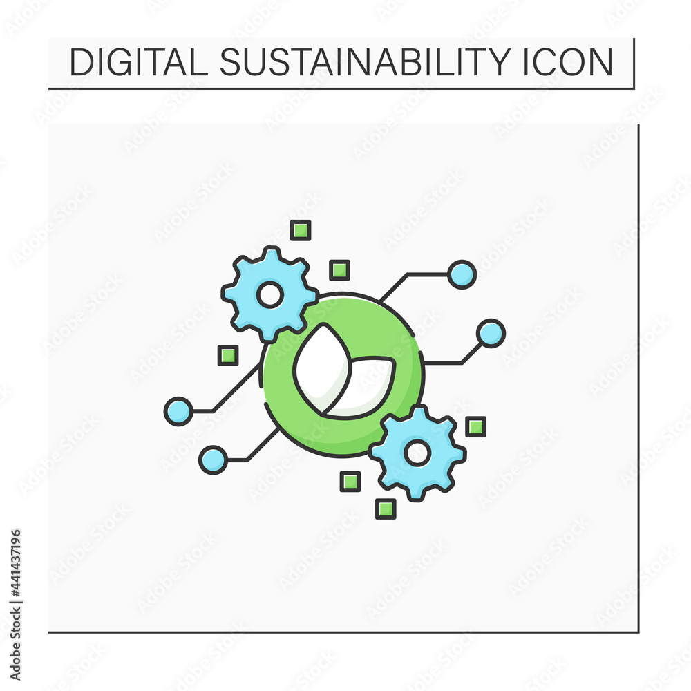 Obraz premium Green computing color icon. Secure environmental computing technologies.Eco-friendly computers use. Digital sustainability concept.Isolated vector illustration