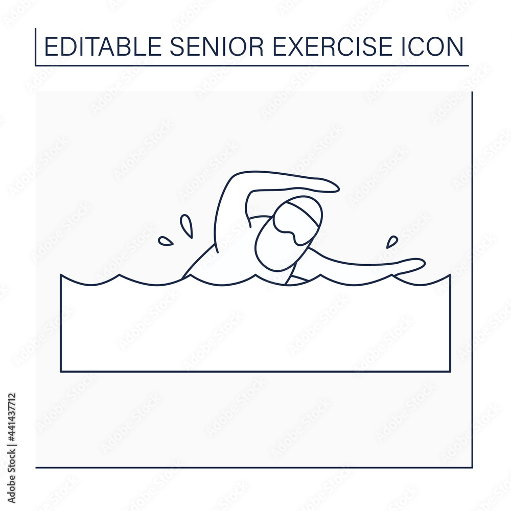 Swimming line icon. Physical activity. Man swim in the pool. Keeps muscles in tonus. Training. Senior exercise concept. Isolated vector illustration. Editable stroke