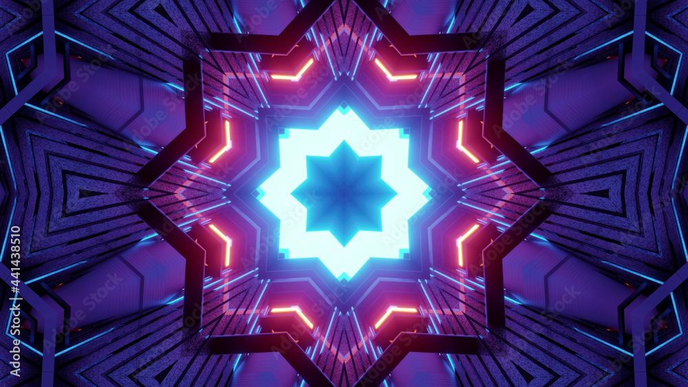 3D rendering of a futuristic kaleidoscope hallway towards a portal with colorful neon lights - obrazy, fototapety, plakaty 