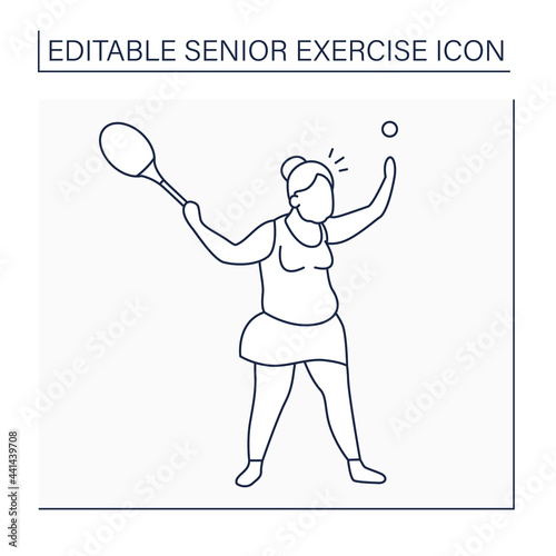 Tennis line icon. Racket sport. Woman keeps rocket and ball. Physical activity. Cardio workout. Sport life. Prevention diseases. Senior exercise concept. Isolated vector illustration. Editable stroke © Antstudio