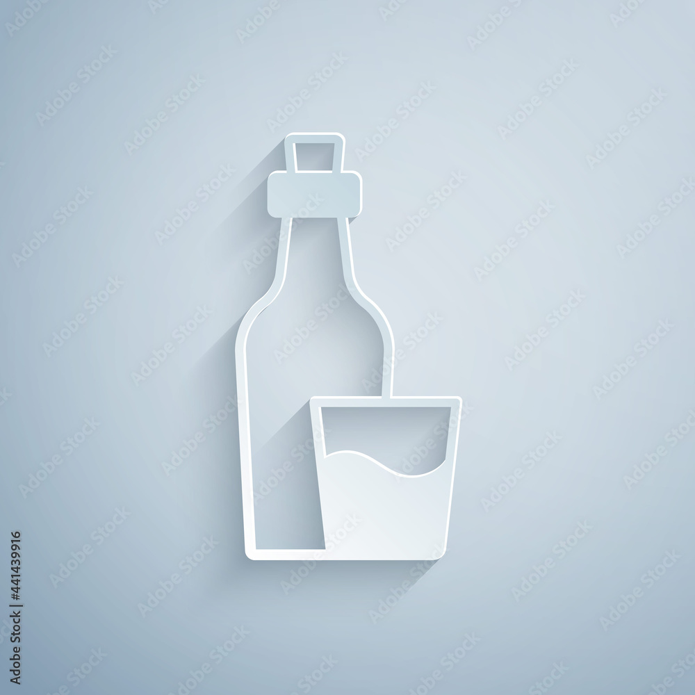Paper cut Soju bottle icon isolated on grey background. Korean rice vodka. Paper art style. Vector Paper cut Soju bottle icon isolated on grey background. Korean rice vodka. Paper art style. Vector