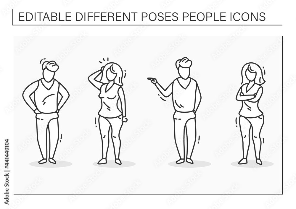 Different poses people line icons set. Woman and man confused, unsatisfied people. People poses concept. Isolated vector illustrations Different poses people line icons set. Woman and man confused, unsatisfied people. People poses concept. Isolated vector illustrations