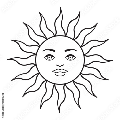 Bohemian illustration, celestial vintage design, sun with face, stylized drawing, tarot card. Mystical element