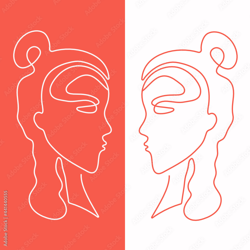 Woman, girl drawing by one line.  Red-white drawing. Vector illustration in line art style. Isolated background.
