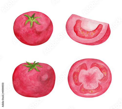 Ripe tomato isolated on a white background. Vegetable hand-drawn in watercolor. Healthy food. Environmentally friendly product. Set.