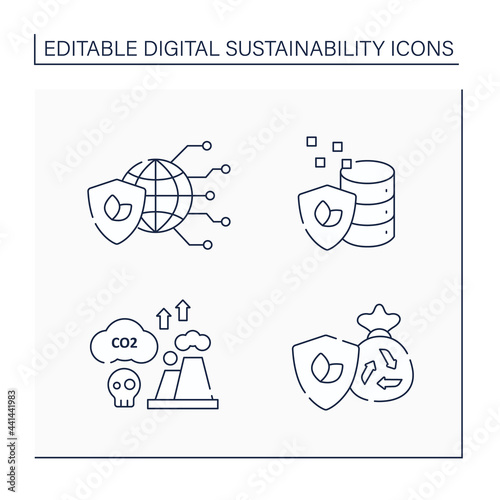 Digital sustainability line icons set. Global industrial innovation and growth.Greenhouse gas emission, data, eco-friendly disposal.Digitalization concept.Isolated vector illustrations.Editable stroke photo