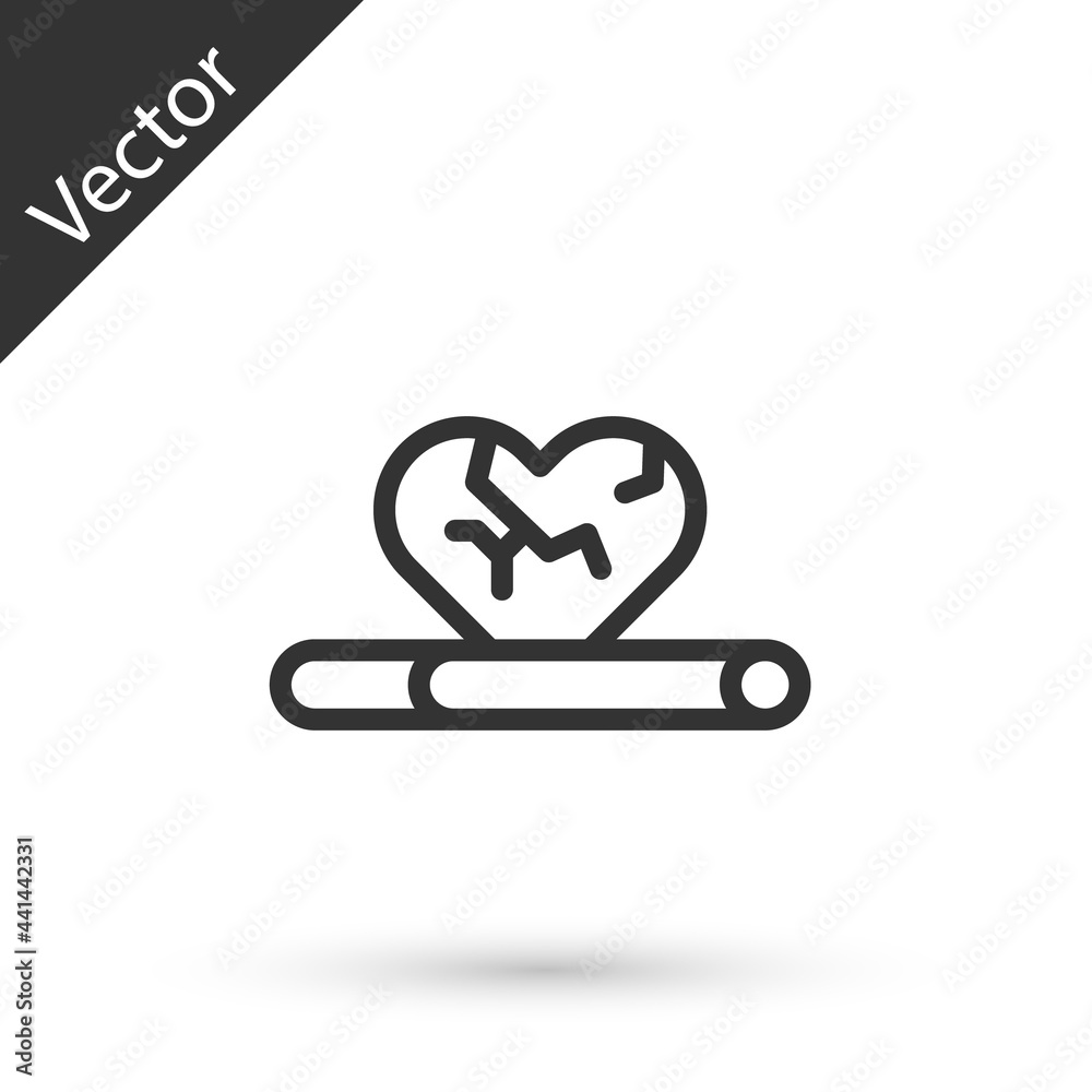 Grey line Heart disease and death caused with smoking icon isolated on white background. Vector Grey line Heart disease and death caused with smoking icon isolated on white background. Vector