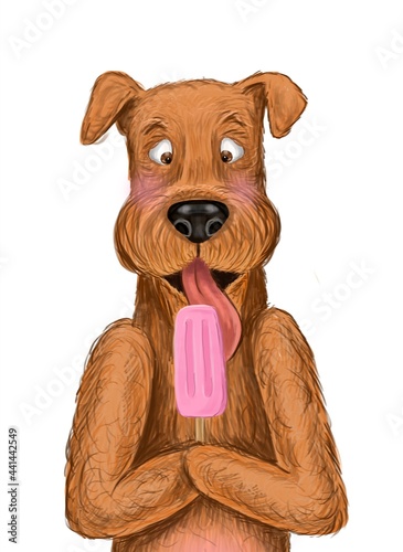 Cute airedale terrier dog licking ice cream cute isolated illustration 