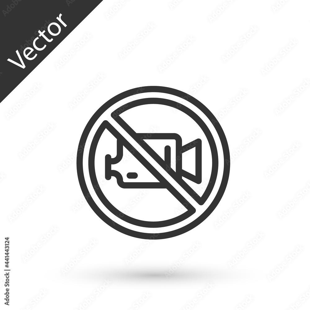 Grey line Prohibition sign no video recording icon isolated on white background. Vector Grey line Prohibition sign no video recording icon isolated on white background. Vector