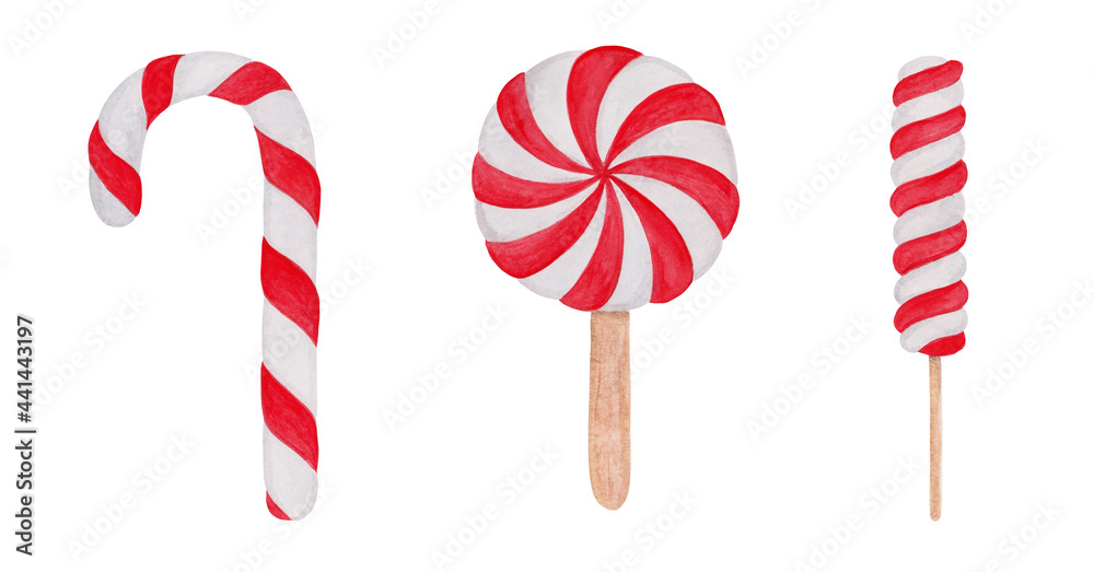 Fototapeta premium Caramel on a stick, cane. Red white striped. Sweet holiday treat, food. New Year. Set. Isolated on belm background.