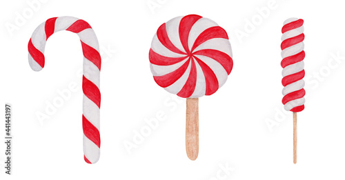 Caramel on a stick, cane. Red white striped. Sweet holiday treat, food. New Year. Set. Isolated on belm background.